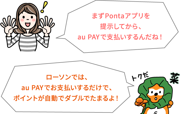 女性：まずPontaアプリを提示してから、au PAYで支払いするんだね！　ポンタ：ローソンでは、au PAYでお支払いするだけで、ポイントが自動でダブルでたまるよ！