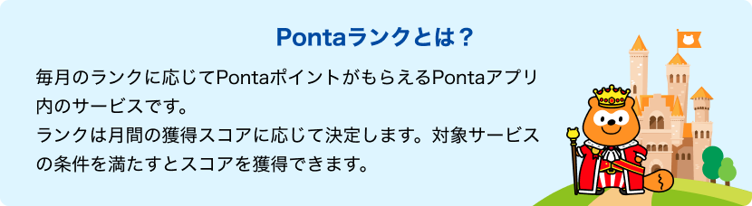 Pontaランクとは？毎月のランクに応じてPontaポイントがもらえるPontaアプリ内のサービスです。ランクは月間の獲得スコアに応じて決定します。対象サービスの条件を満たすとスコアを獲得できます。Ponta