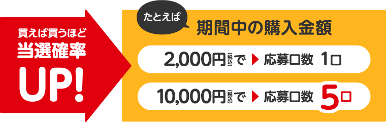 買えば買うほど、当選確率UP！たとえば期間中の購入金額2,000円（税込）で応募口数1口、10,000円（税込）で応募口数5口