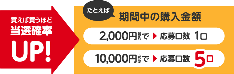 買えば買うほど当選確率UP！たとえば期間中の購入金額 2,000円（税込）で応募工数1口 10,000円（税込）で応募工数5口