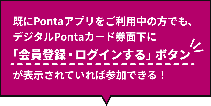 既にPontaアプリをご利用中の方でも、デジタルPontaカード券面下に「会員登録・ログインする」ボタンが表示されていれば参加できる！