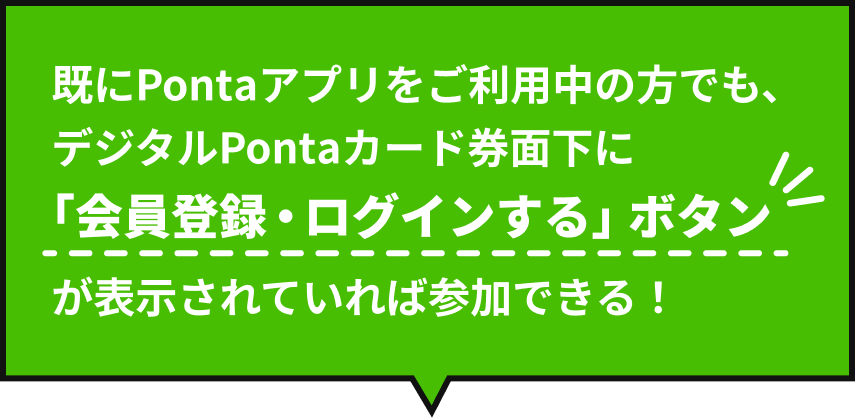 既にPontaアプリをご利用中の方でも、デジタルPontaカード券面下に「会員登録・ログインする」ボタンが表示されていれば参加できる！