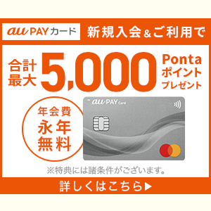 au PAY カード 新規入会＆ご利用で合計最大5,000Pontaポイントプレゼント 年会費永年無料 ※特典には諸条件がございます。 詳しくはこちら