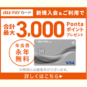au PAY カード 新規入会＆ご利用で合計最大3,000Pontaポイントプレゼント 年会費永年無料 ※特典には諸条件がございます。 詳しくはこちら