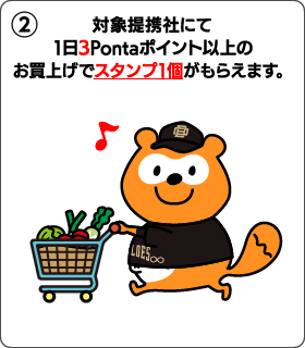 2 対象提携社にて1日3Pontaポイント以上のお買上げでスタンプ1個がもらえます。