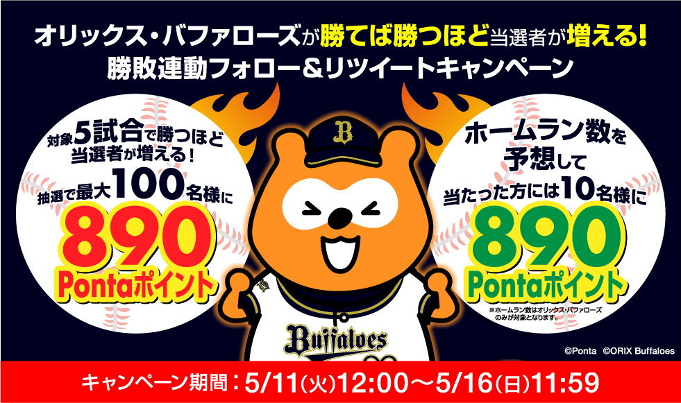 オリックス・バファローズが勝てば勝つほど当選者が増える！勝敗連動フォロー＆リツイートキャンペーン キャンペーン期間：5/11(火)12:00～5/16(日)11:59