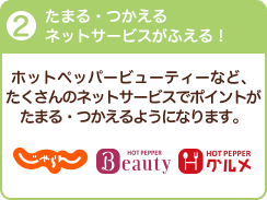 2、たまる・つかえるネットサービスがふえる！ホットペッパービューティーなど、たくさんのネットサービスでポイントがたまる・つかえるようになります。