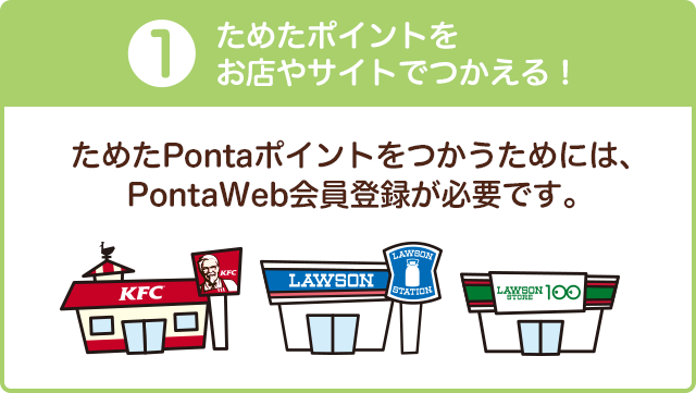 1、ためたポイントをお店やサイトでつかえる！ためたPontaポイントをつかうためには、PontaWeb会員登録が必要です。