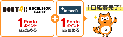 【ドトール エクセルシオール カフェ】1Pontaポイント以上ためる + 【トモズ】1Pontaポイント以上ためる → 1口応募完了 Ponta