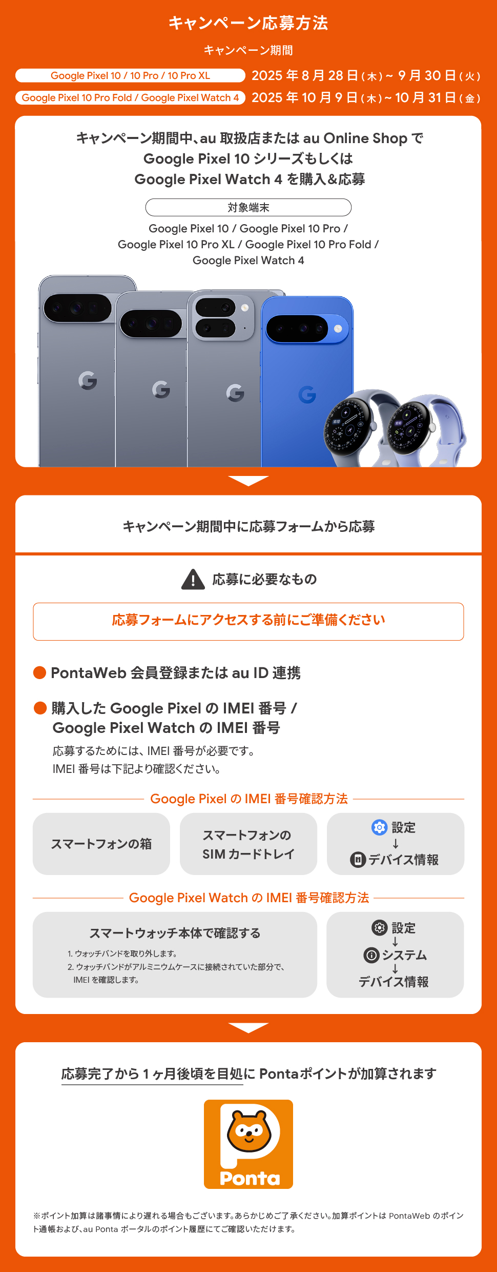 キャンペーン応募方法 キャンペーン期間中、au 取扱店または au Online Shop で Google Pixel 10 シリーズもしくは Google Pixel Watch 4 を購入&応募 キャンペーン期間中に応募フォームから応募（応募に必要なもの ①PontaWeb会員登録またはau ID連携 ②購入した Google Pixel のIMEI番号/ Google Pixel Watch のIMEI番号 ※応募フォームにアクセスする前にご準備ください） 応募完了から1ヶ月後頃を目途にPontaポイントが加算されます Ponta