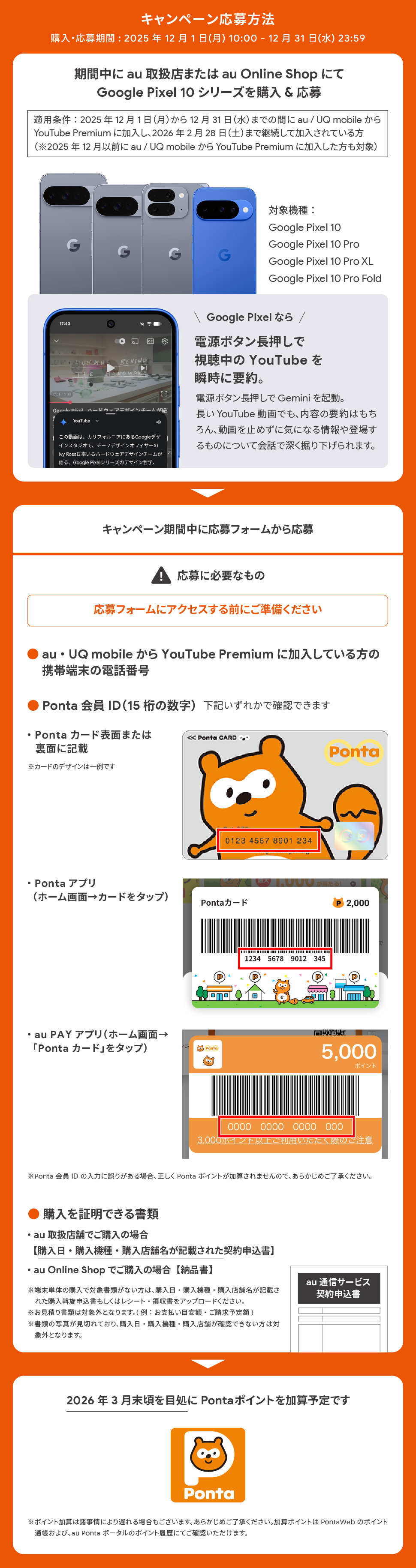 キャンペーン応募方法 期間中に au 取扱店または au Online Shop にて Google Pixel 10 シリーズを購入＆応募 Google Pixel なら電源ボタン長押しで視聴中の YouTube を瞬時に要約。 キャンペーン期間中に応募フォームから応募（応募に必要なもの ①au・UQ mobile から YouTube Premium に加入している方の携帯端末の電話番号 ②Ponta会員ID（15桁の数字） ③購入を証明できる書類 ※応募フォームにアクセスする前にご準備ください） 2026年3月末頃を目処にPontaポイントを加算予定です Ponta