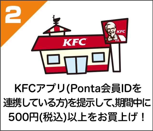 ２、KFCアプリ(Ponta会員IDを連携している方)を提示して、500円(税込)以上をお買上げする！