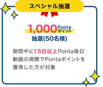 スペシャル抽選 1,000Pontaポイント 抽選（50名様）期間中に15日以上Ponta毎日動画の視聴でPontaポイントを獲得した方が対象