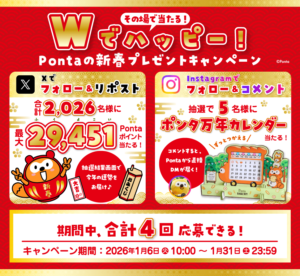 その場で当たる！Wでハッピー！Pontaの新春プレゼントキャンペーン 【Xでフォロー＆リポスト】合計2,026名様に最大29,451Pontaポイント当たる！抽選結果画面で今年の運勢をお届け♪ 【Instagramでフォロー＆コメント】抽選で5名様にポンタ万年カレンダー当たる！コメントすると、Pontaから直接DMが届く！ 期間中、合計4回応募できる！ キャンペーン期間：2026年1月6日（火）10:00～1月31日（土）23:59