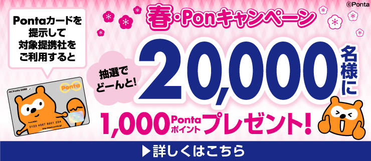 春・Ponキャンペーン　Pontaカードを提示して対象提携社をご利用すると抽選でどーんと！20,000名様に1,000Pontaポイントプレゼント！