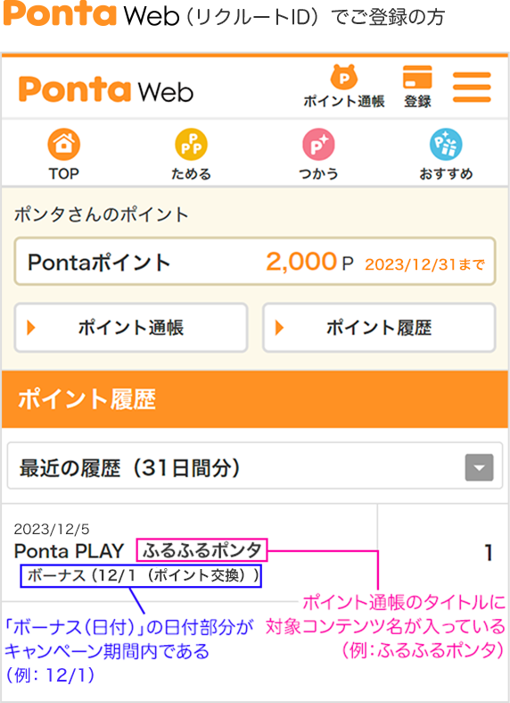PontaWeb（リクルートID）でご登録の方 PontaWeb（リクルートID）ポイント履歴