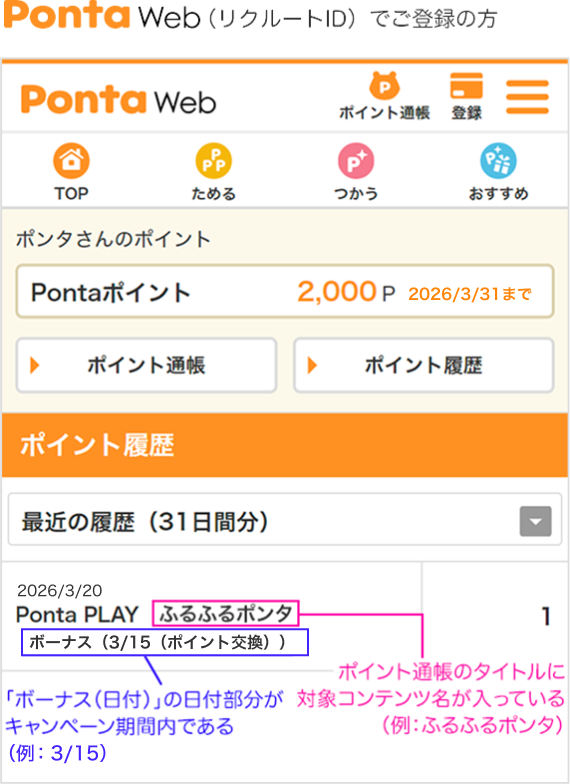 PontaWeb（リクルートID）でご登録の方 ポイント履歴 該当部分イメージ