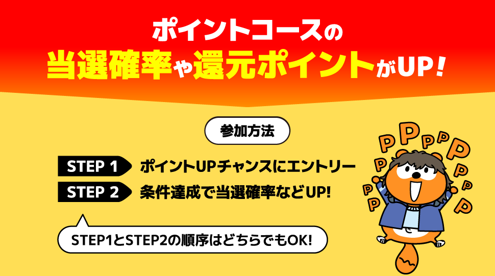 ポイントコースの当選確率や還元ポイントがUP! 参加方法 STEP1:ポイントUPチャンスにエントリー STEP2:条件達成で当選確率などUP! STEP1とSTEP2の順序はどちらでもOK! Ponta