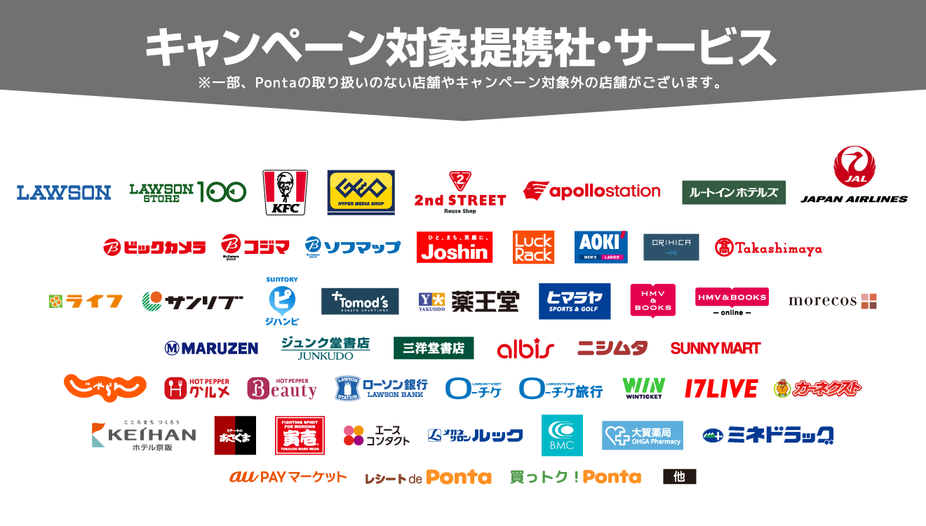 キャンペーン対象提携社・サービス ※一部、Pontaの取り扱いのない店舗やキャンペーン対象外の店舗がございます。