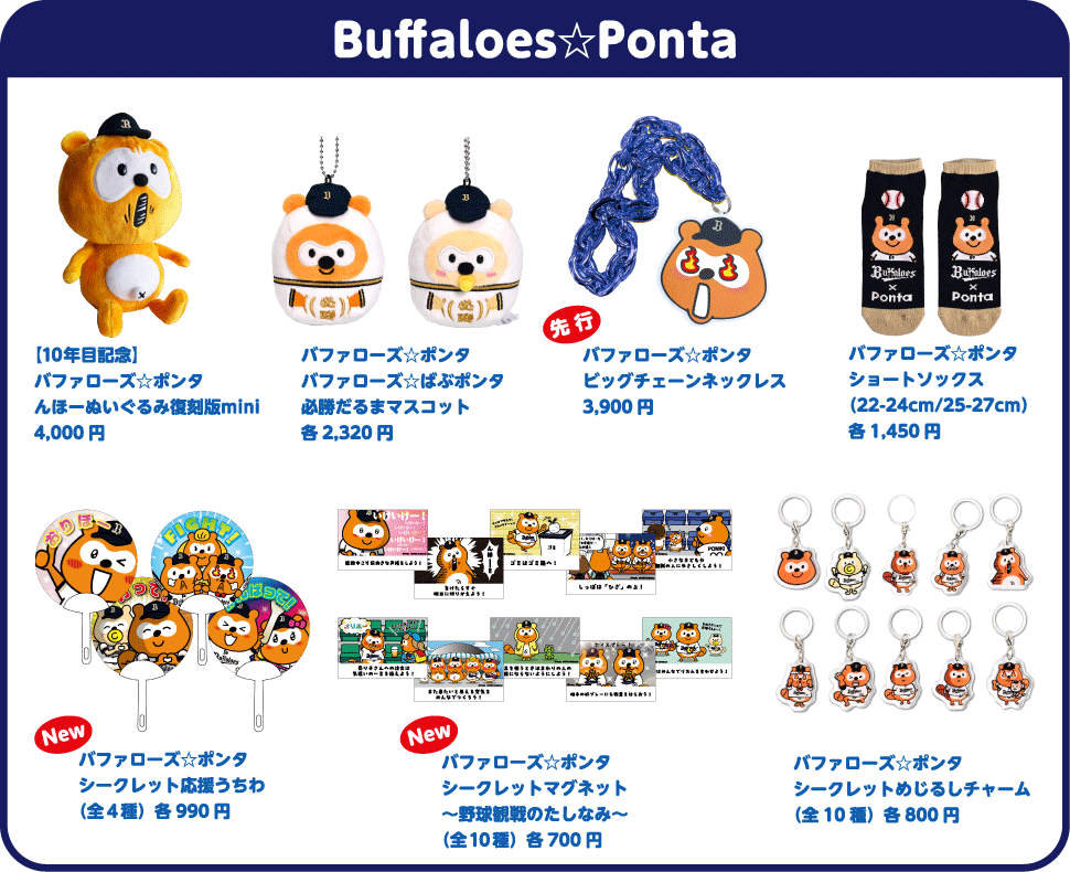 バファローズ☆ポンタ 【10年目記念】バファローズ☆ポンタ んほーぬいぐるみ復刻版mini 4,000円、バファローズ☆ポンタ／バファローズ☆ばぶポンタ 必勝だるまマスコット 各2,320円、【先行】バファローズ☆ポンタ ビッグチェーンネックレス 3,900円、バファローズ☆ポンタ ショートソックス（22-24cm／25-27cm） 各1,450円、【New】バファローズ☆ポンタ シークレット応援うちわ（全4種） 各990円、【New】バファローズ☆ポンタ シークレットマグネット ～野球観戦のたしなみ～（全10種） 各700円、バファローズ☆ポンタ シークレットめじるしチャーム（全10種） 各800円 Ponta