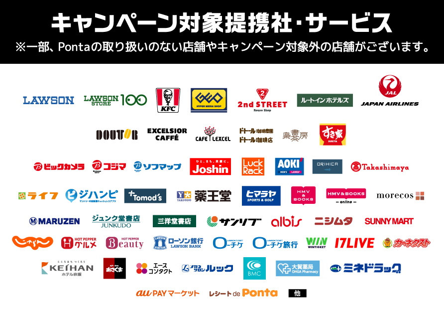 キャンペーン対象提携社・サービス ※一部、Pontaの取り扱いのない店舗やキャンペーン対象外の店舗がございます。 ローソン ローソンストア100 ケンタッキーフライドチキン ゲオ セカンドストリート ルートインホテルズ 日本航空 ドトール エクセルシオール カフェ カフェ レクセル ドトール珈琲農園 ドトール珈琲店 梟書茶房 すき家 ビッグカメラ コジマ ソフマップ ジョーシン Luck Rack AOKI ORIHICA 高島屋 ライフ ジハンピ トモズ 薬王堂 ヒマラヤ HMV HMV&BOOKS online／morecos+ (モアコス) 丸善ジュンク堂書店 三洋堂書店 サンリブ アルビス ニシムタ サニーマート じゃらんnet ホットペッパーグルメ ホットペッパービューティー ローソン銀行 ローチケ ローチケ旅行 WINTICKET(ウィンチケット) 17LIVE カーネクスト ホテル京阪 ステーキのあさくま エースコンタクト メガネサロンルック ベストメディカル 大賀薬局 ミネドラッグ au PAY マーケット レシート de Ponta 他
