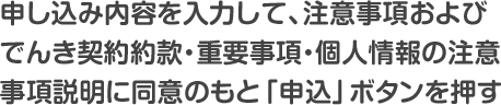 申し込み内容を入力して、注意事項およびでんき契約約款・重要事項・個人情報の注意事項説明に同意のもと「申込」ボタンを押す
