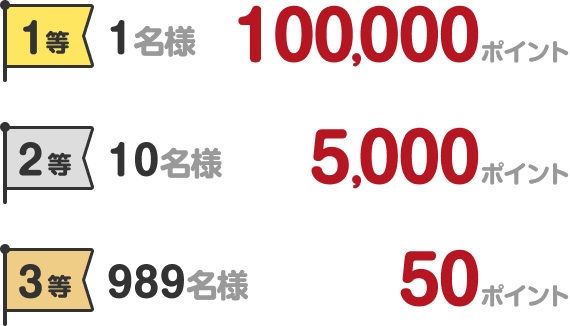 1等 1名様 100,000ポイント 2等 10名様 5,000ポイント 3等 989名様 50ポイント