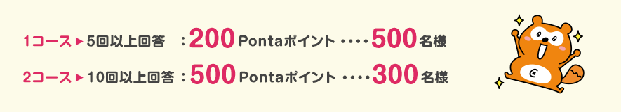 1コース▶5回以上回答：200Pontaポイント・・・500名様、2コース▶10回以上回答：500Pontaポイント・・・300名様
