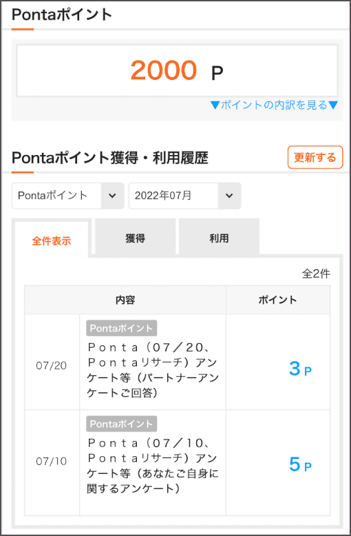【画像】au IDのポイント履歴が表示されている。
