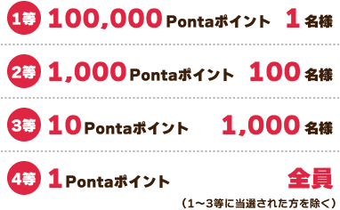 1等 100,000Pontaポイント 1名様 2等 1,000Pontaポイント 100名様 3等 10Pontaポイント 1,000名様 4等 1Pontaポイント 全員（1～3等に当選された方を除く）