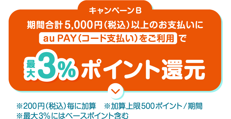 キャンペーンB 期間合計5,000円（税込）以上のお支払いにau PAY（コード支払い）をご利用で最大3%ポイント還元 ※200円（税込）毎に加算 ※加算上限500ポイント/期間 ※最大3%にはベースポイント含む