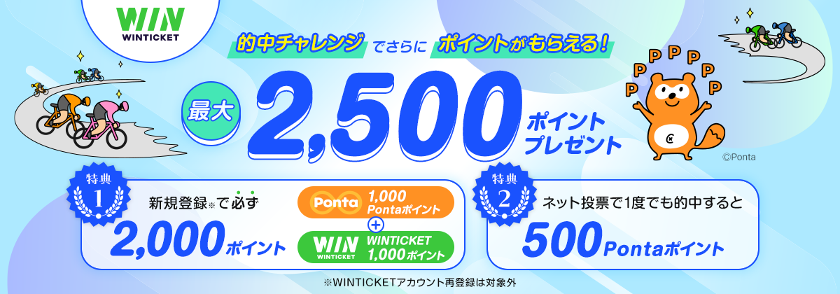 WINTICKET 的中チャレンジでさらにポイントがもらえる！ 最大2,500ポイントプレゼント 特典1 新規登録※で必ず2,000ポイント 1,000Pontaポイント＋WINTICKET1,000ポイント 特典2 ネット投票で1度でも的中すると500Pontaポイント ※WINTICKETアカウント再登録は対象外
