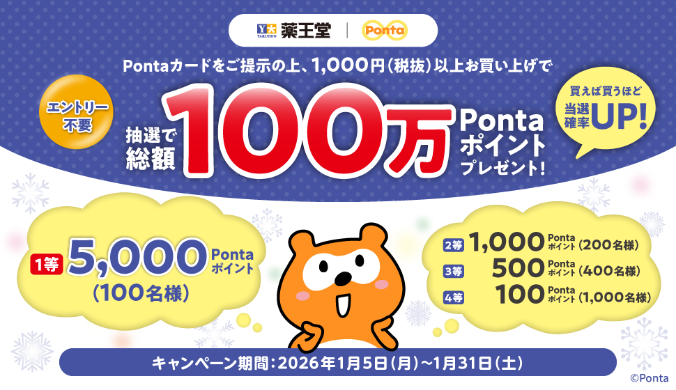 薬王堂 Ponta Pontaカードをご提示の上、1,000円（税抜）以上お買い上げで抽選で総額100万Pontaポイントプレゼント! 買えば買うほど当選確率UP! エントリー不要 【1等】5,000Pontaポイント（100名様）【2等】1,000Pontaポイント（200名様）【3等】500Pontaポイント（400名様）【4等】100Pontaポイント（1,000名様） キャンペーン期間：2026年1月5日（月）～1月31日（土）