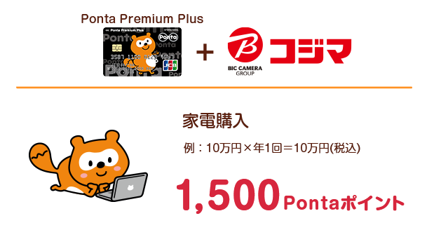 Ponta Premium Plus＋コジマ：家電購入（例：10万円×年1回＝10万円（税込））1,500Pontaポイント