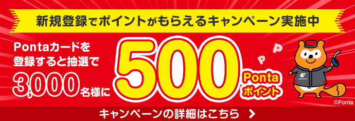 新規登録でポイントがもらえるキャンペーン実施中 Pontaカードを登録すると抽選で3,000名様に500Pontaポイント キャンペーンの詳細はこちら